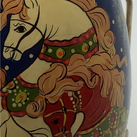 Vintage Hand Painted 5 1/2” Christmas Egg Featuring Santa and Horse Drawn Sled - Picture 10 of 13